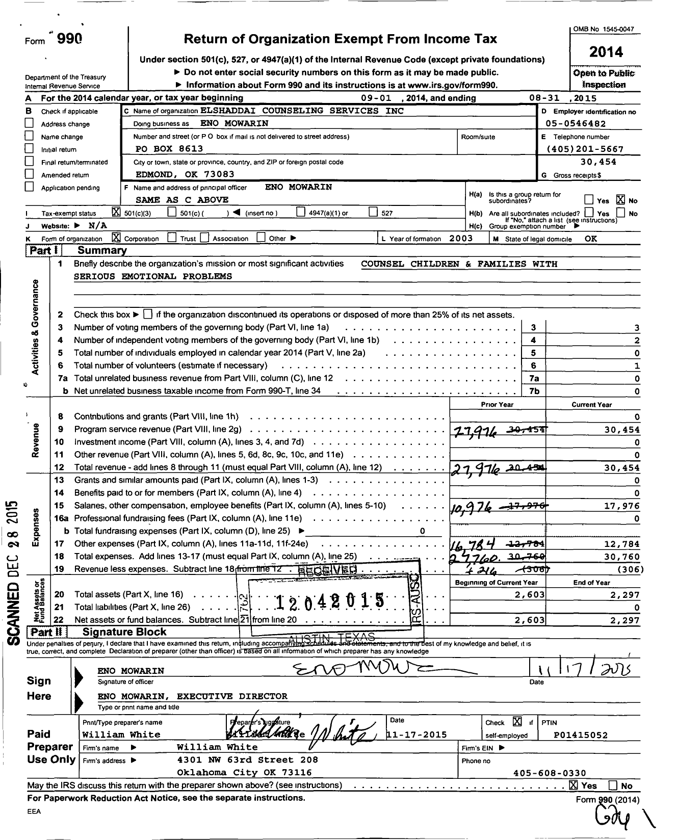 Image of first page of 2014 Form 990 for Elshaddai Counseling Services