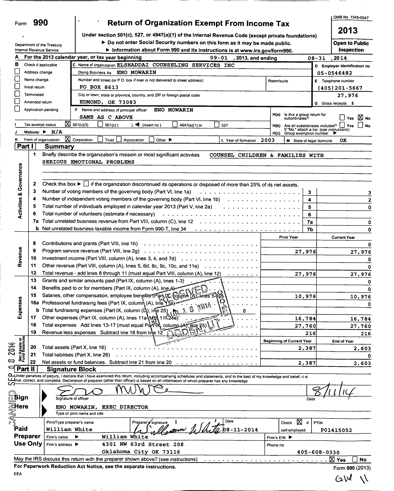 Image of first page of 2013 Form 990 for Elshaddai Counseling Services