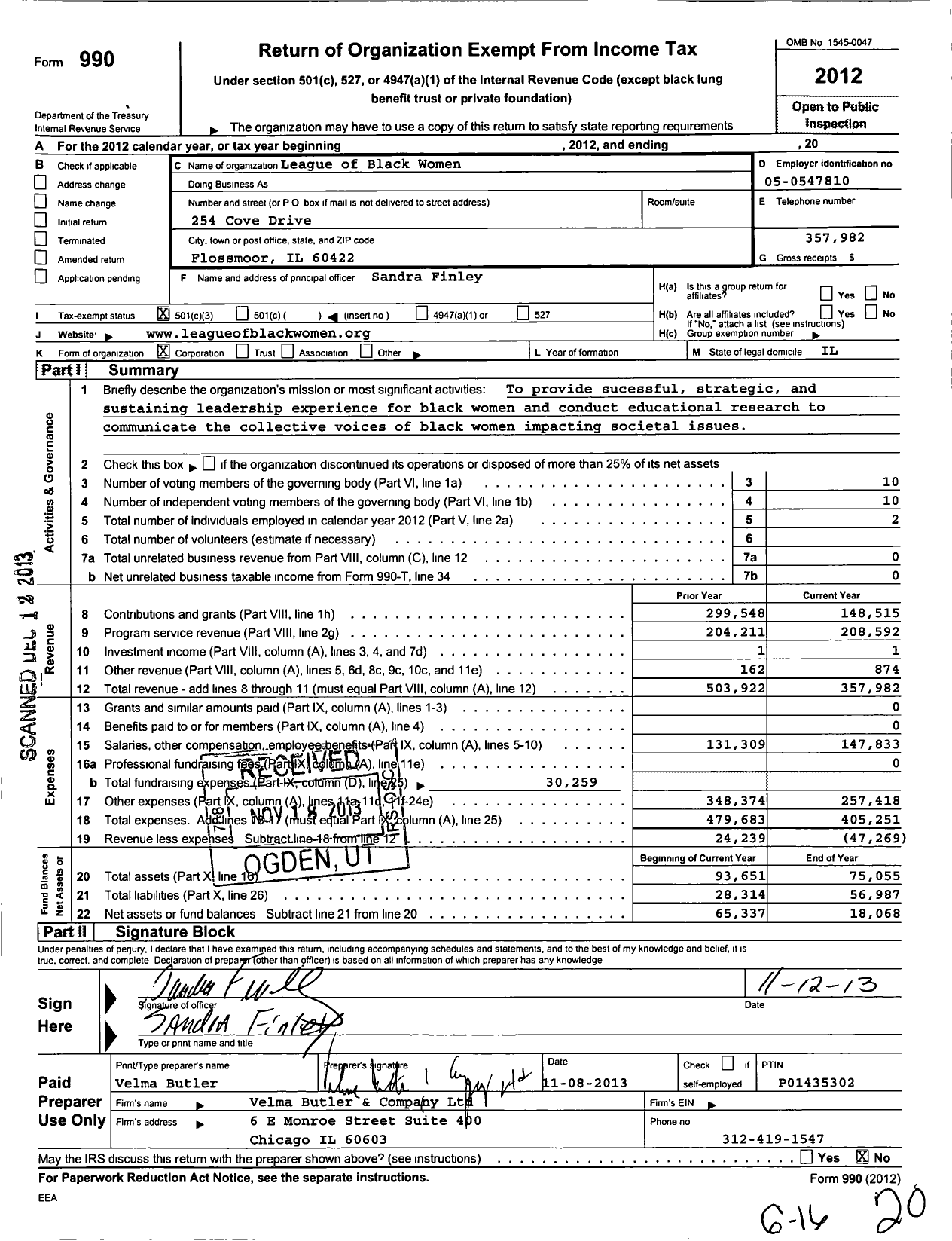 Image of first page of 2012 Form 990 for League of Black Women