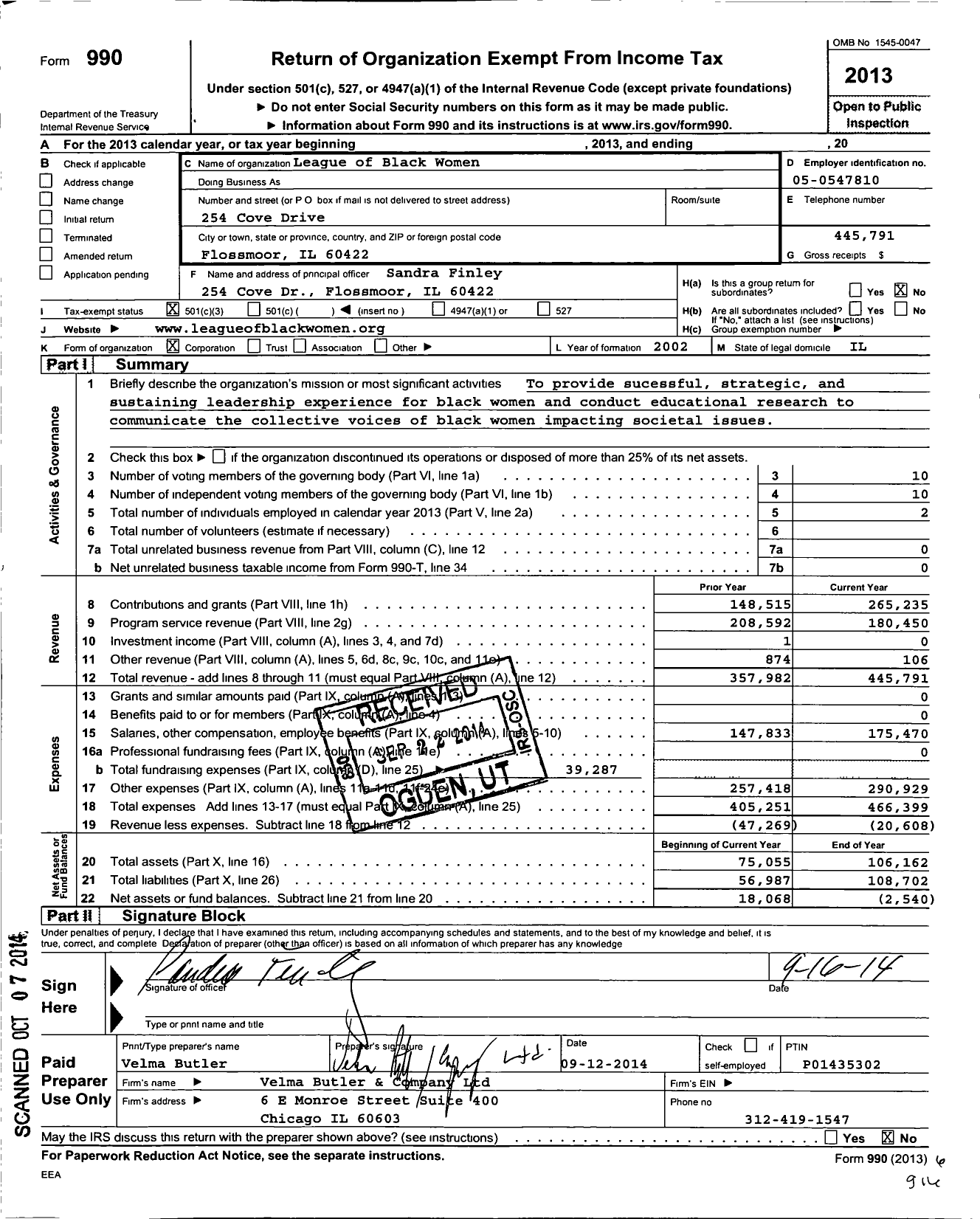 Image of first page of 2013 Form 990 for League of Black Women