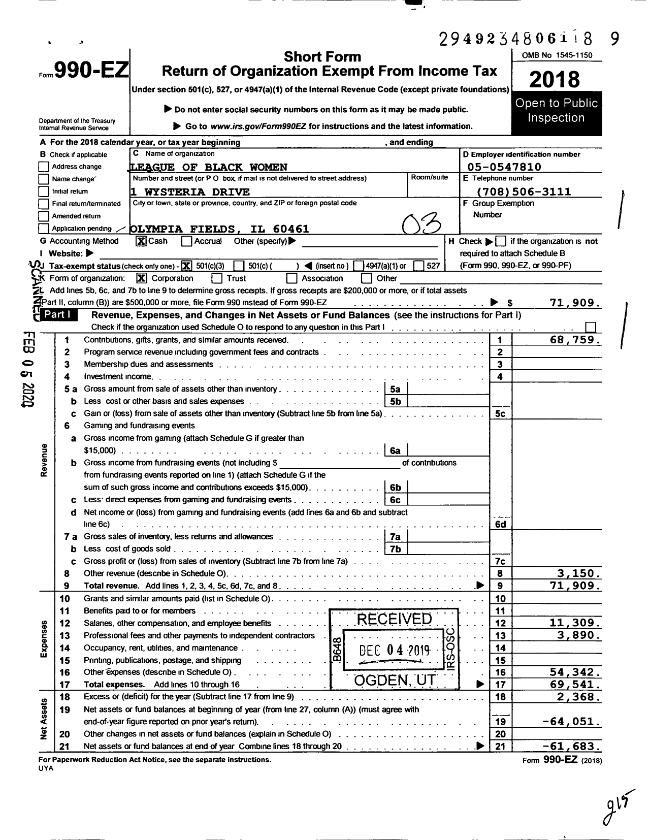 Image of first page of 2018 Form 990EZ for League of Black Women