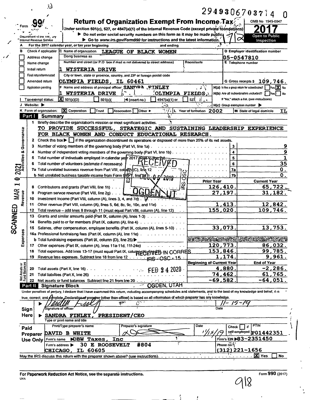 Image of first page of 2017 Form 990 for League of Black Women