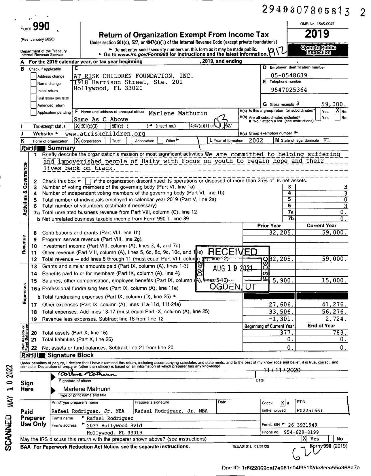 Image of first page of 2019 Form 990 for At Risk Children Foundation