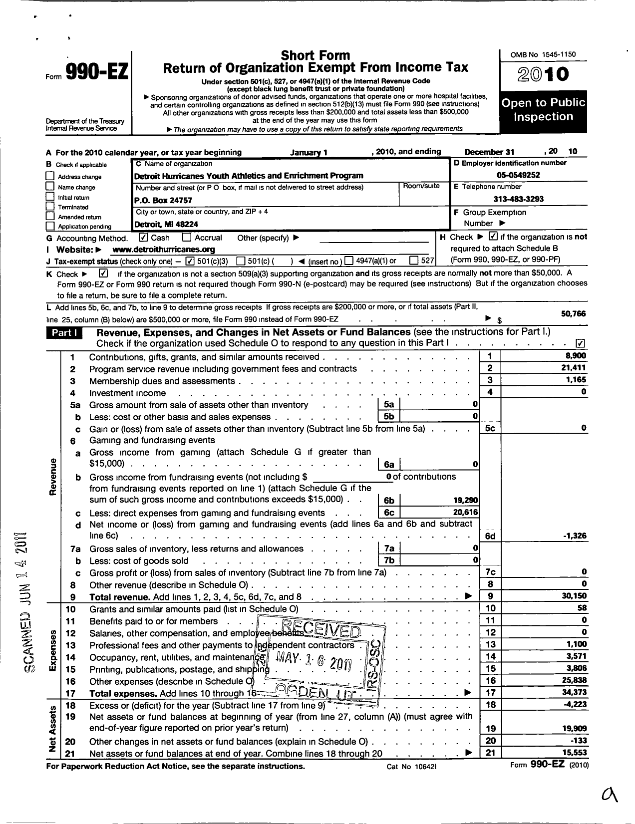 Image of first page of 2010 Form 990EZ for Pop Warner Little Scholars / Detroit Hurricanes