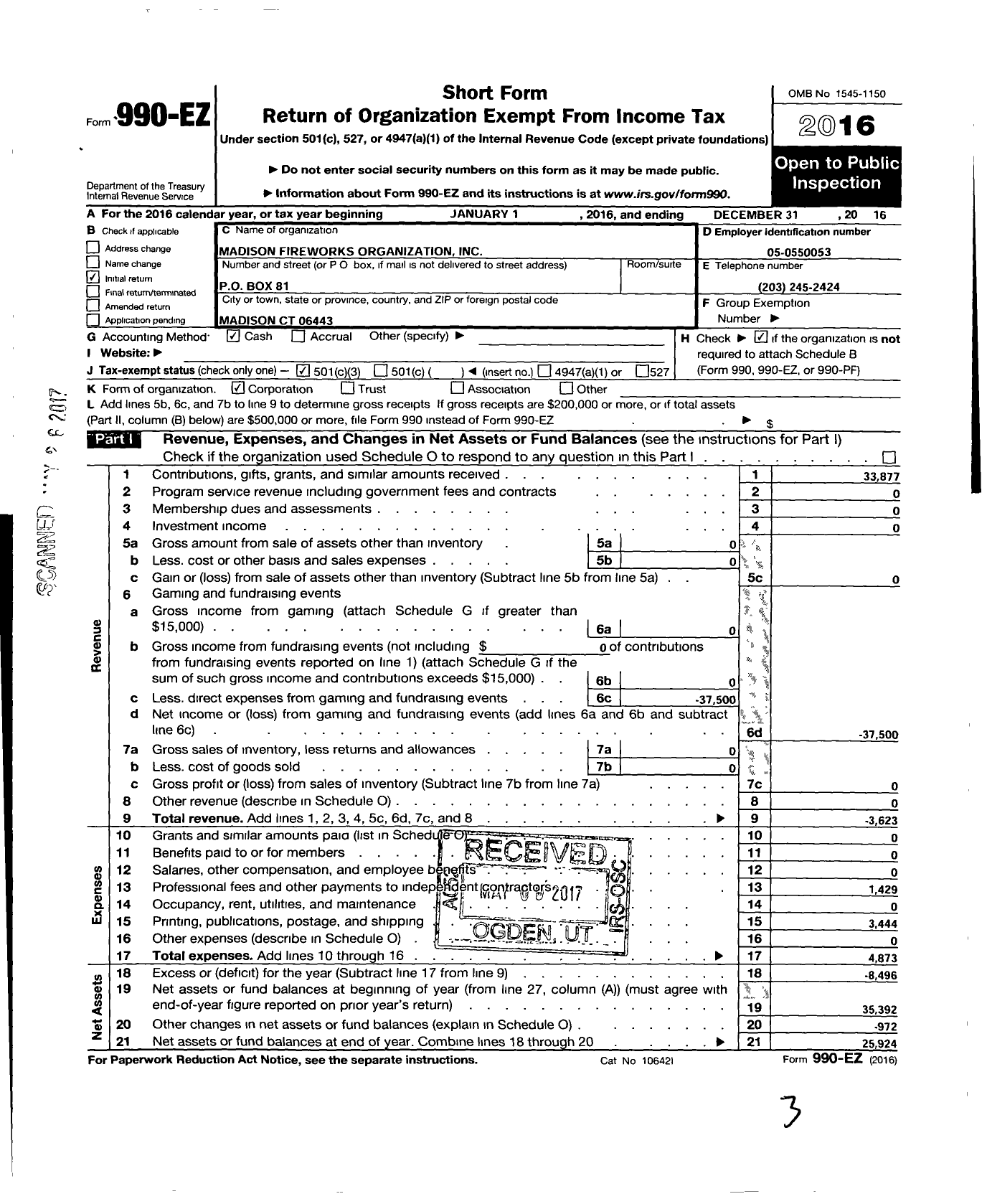 Image of first page of 2016 Form 990EZ for Madison Fireworks Organization