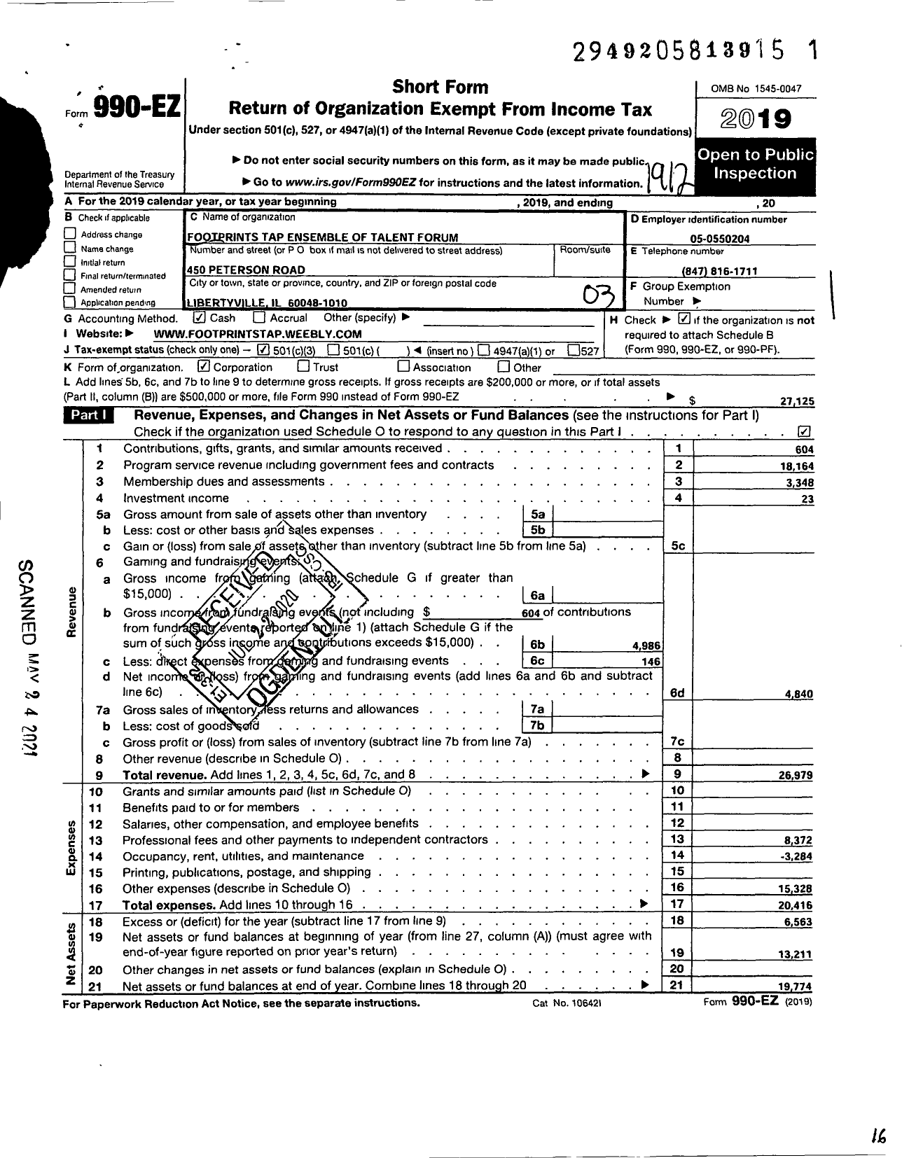 Image of first page of 2019 Form 990EZ for Footprints Tap Ensemble of Talent Forum