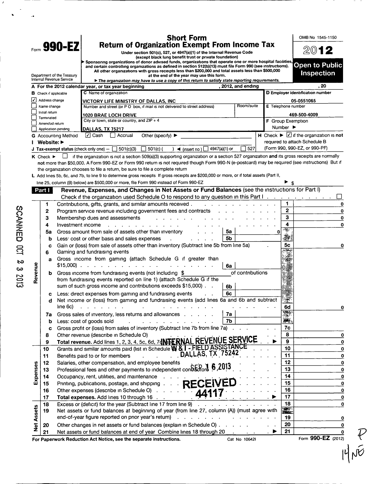 Image of first page of 2012 Form 990EO for Victory Life Ministry of Dallas