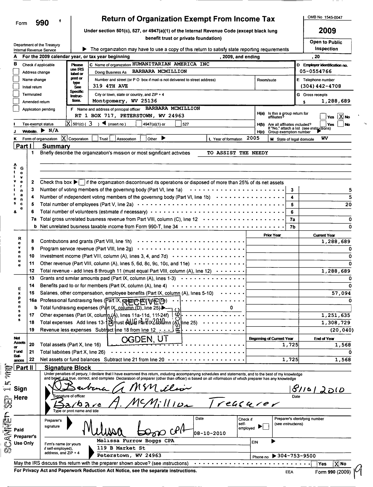 Image of first page of 2009 Form 990 for Barbara Mcmillion