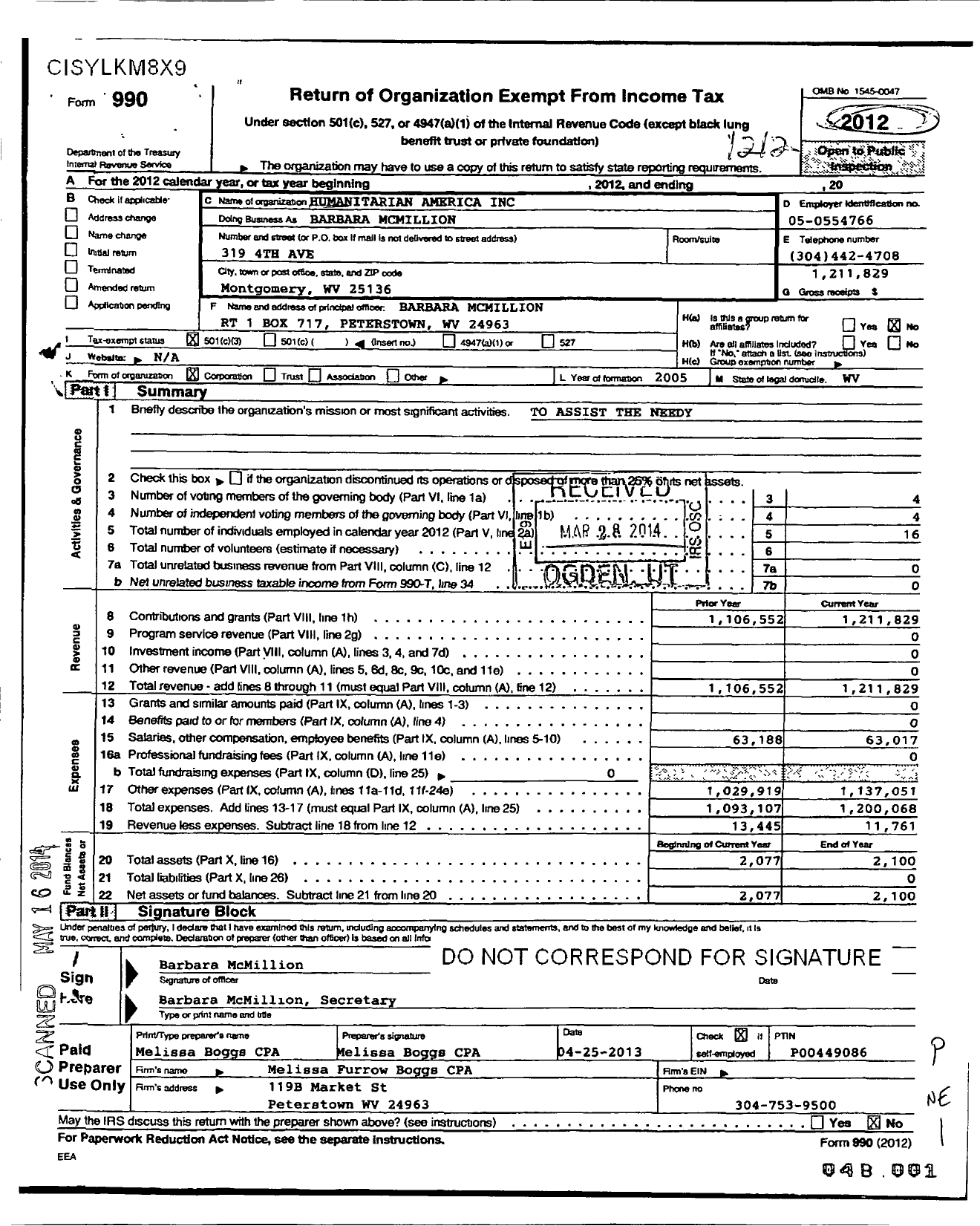 Image of first page of 2012 Form 990 for Barbara Mcmillion