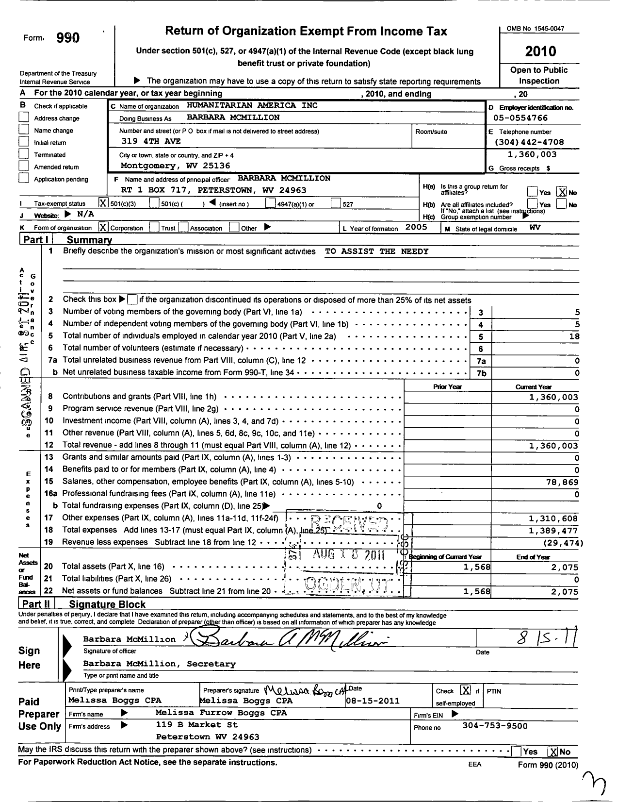 Image of first page of 2010 Form 990 for Barbara Mcmillion