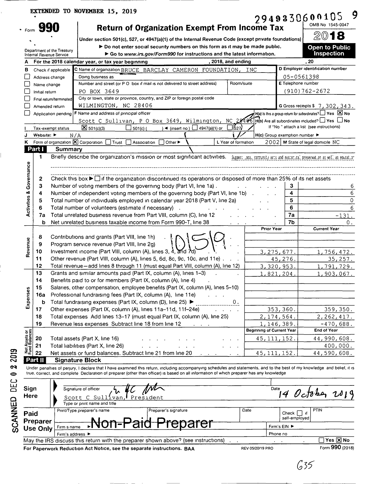 Image of first page of 2018 Form 990 for Bruce Barclay Cameron Foundation