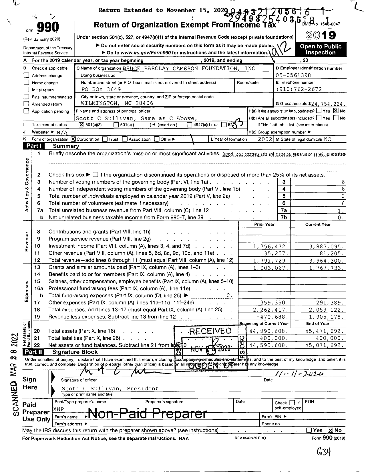 Image of first page of 2019 Form 990 for Bruce Barclay Cameron Foundation