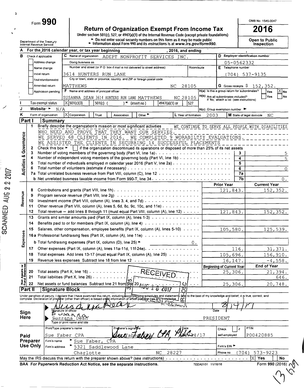 Image of first page of 2016 Form 990 for Adept Nonprofit Services