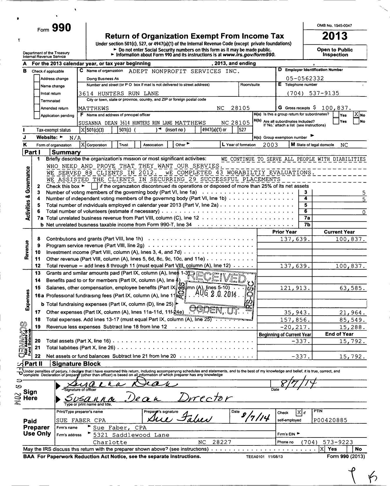 Image of first page of 2013 Form 990 for Adept Nonprofit Services