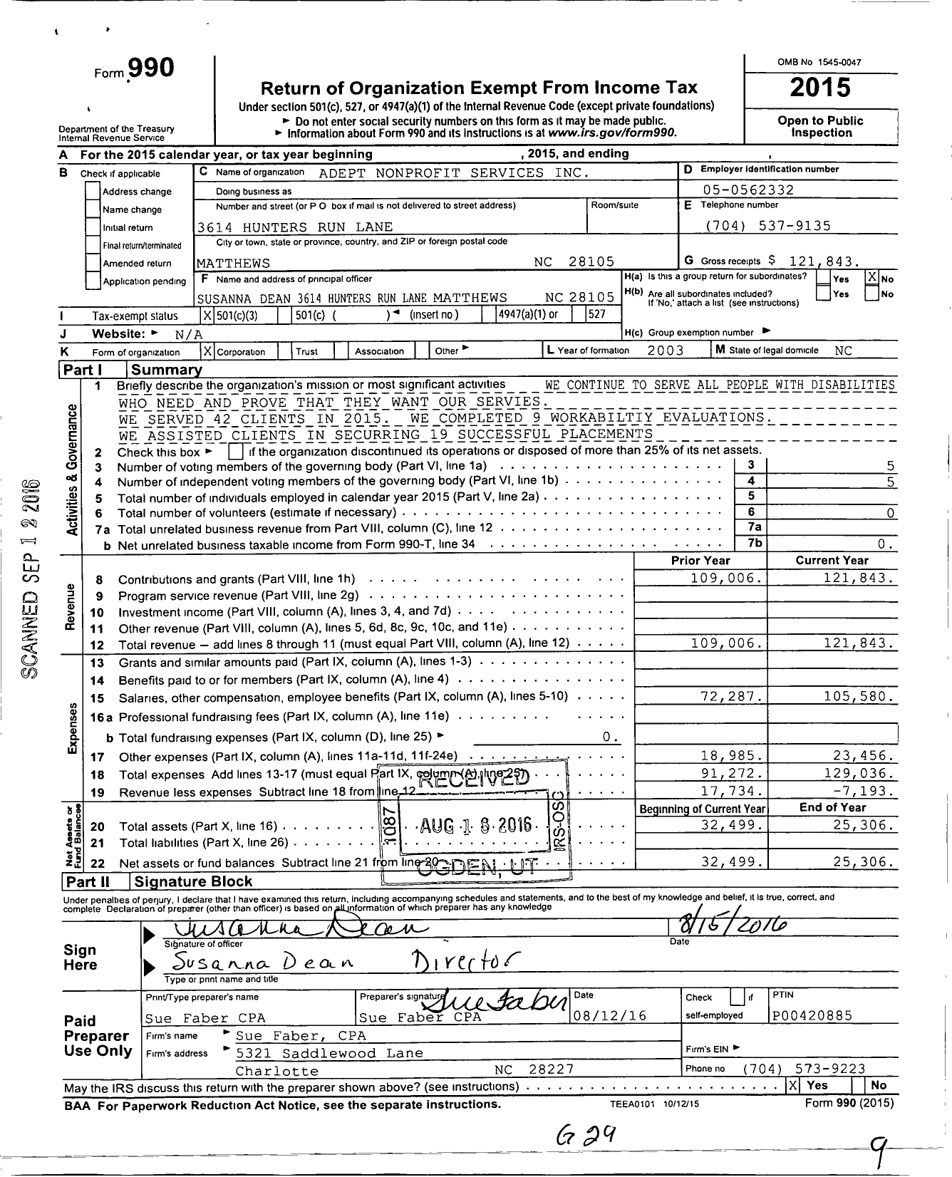 Image of first page of 2015 Form 990 for Adept Nonprofit Services