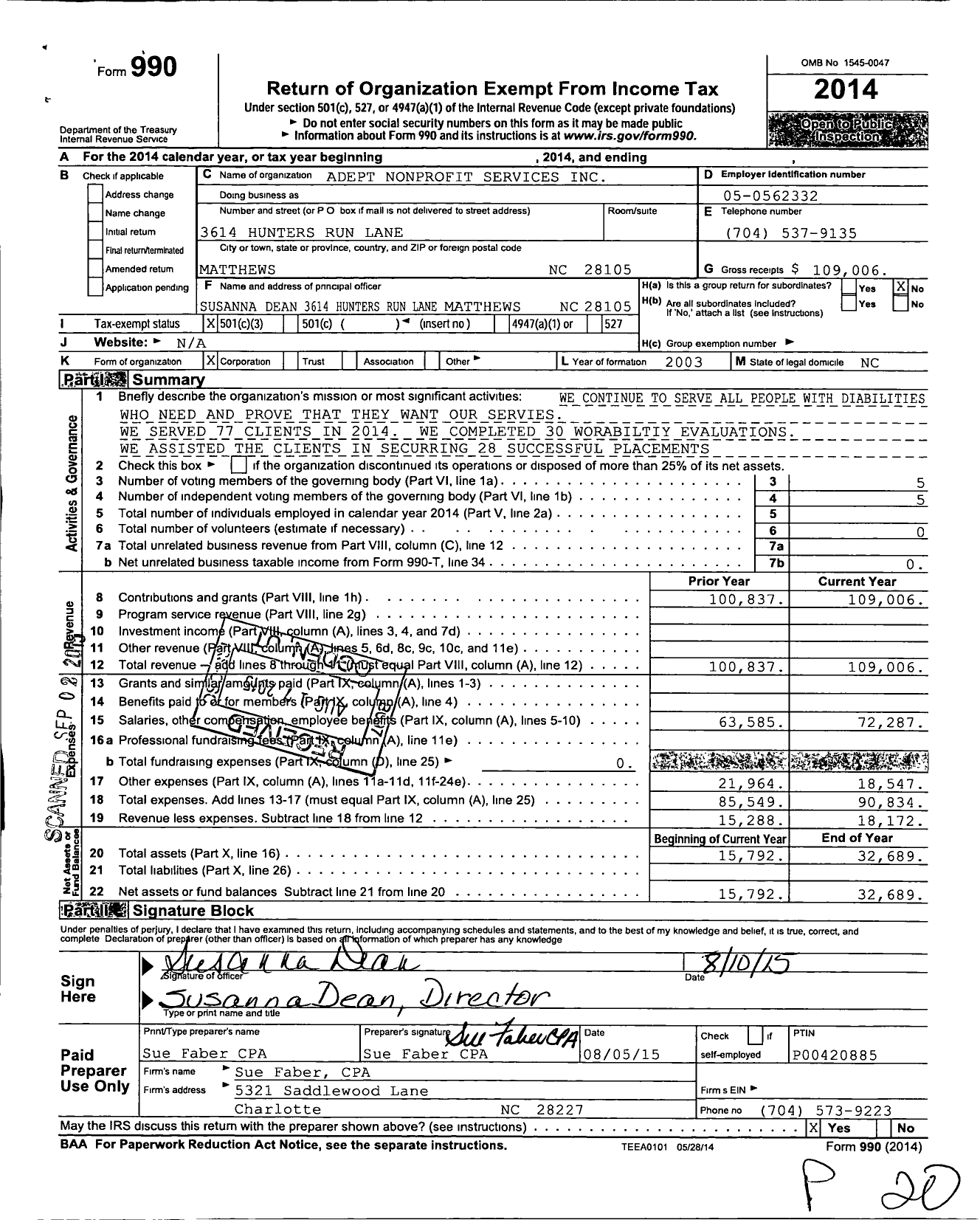 Image of first page of 2014 Form 990 for Adept Nonprofit Services