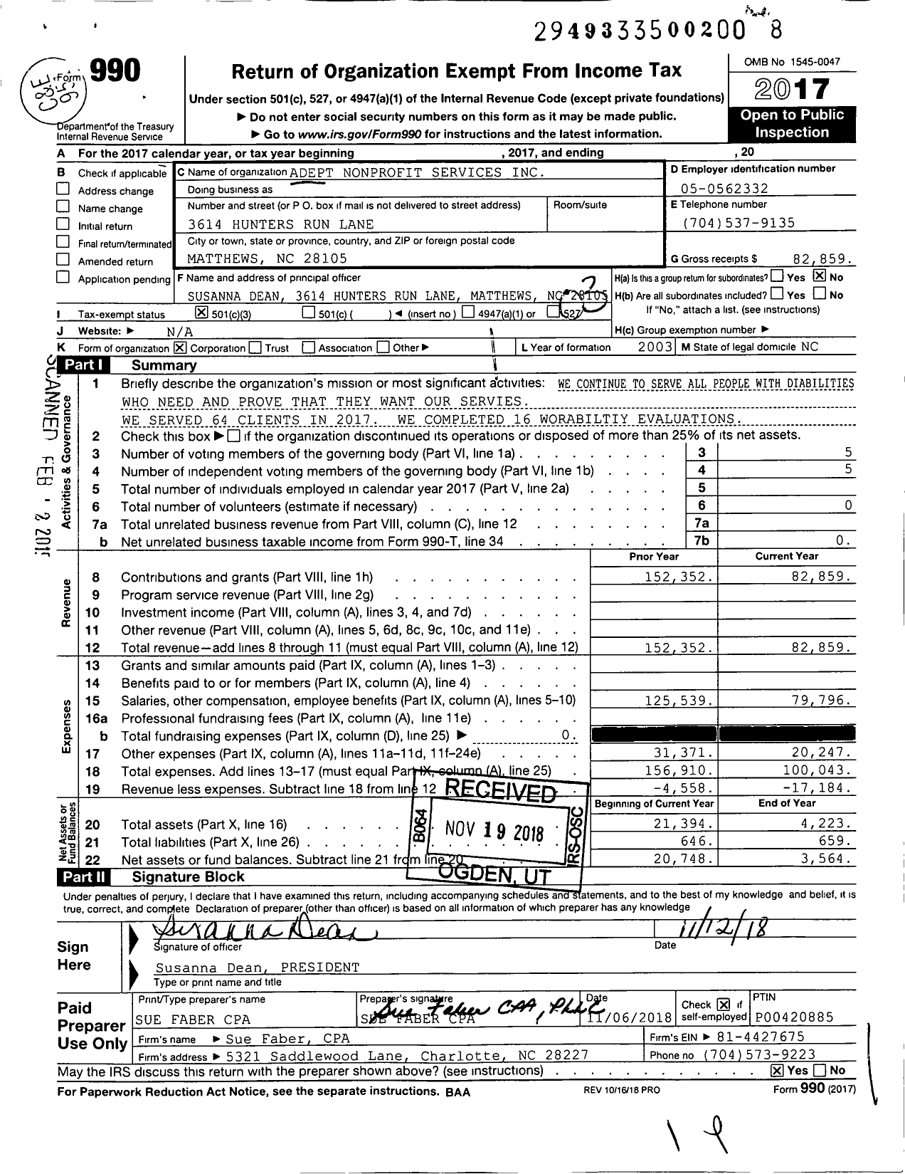 Image of first page of 2017 Form 990 for Adept Nonprofit Services