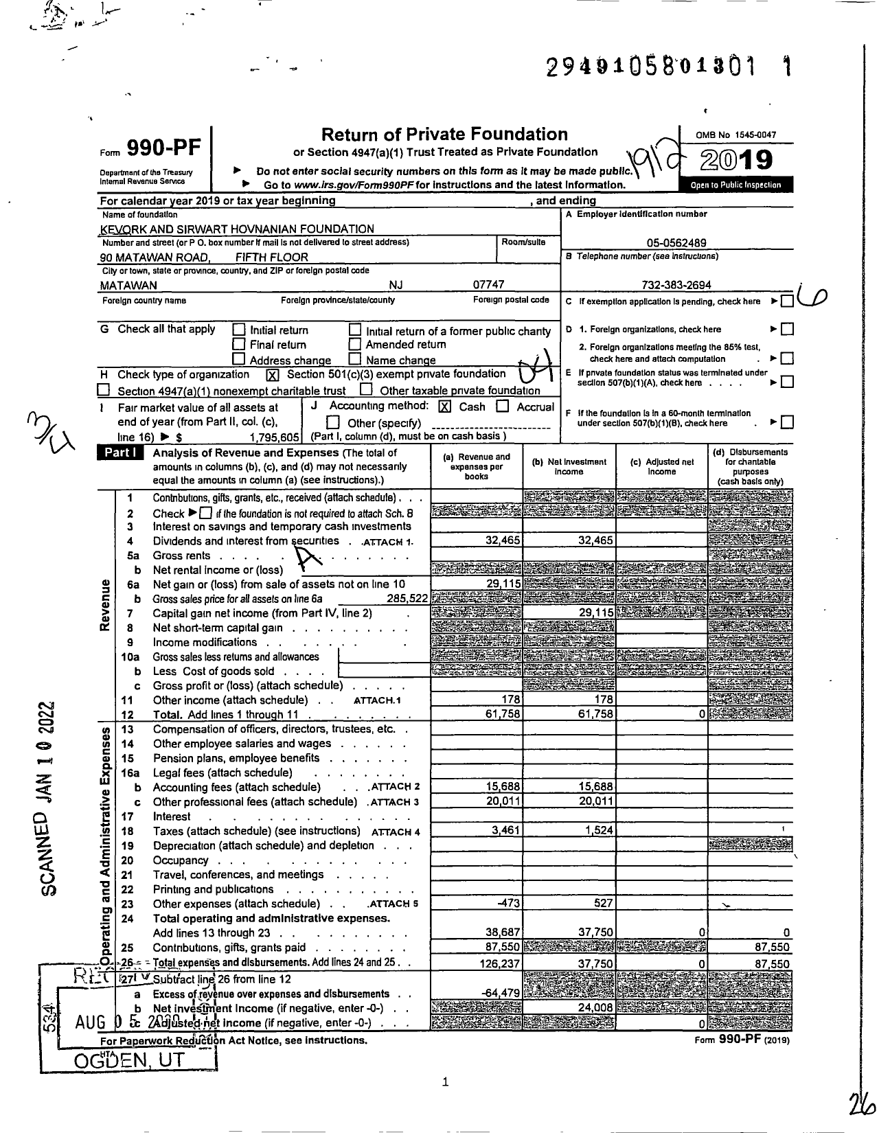 Image of first page of 2019 Form 990PF for Kevork and Sirwart Hovnanian Foundation