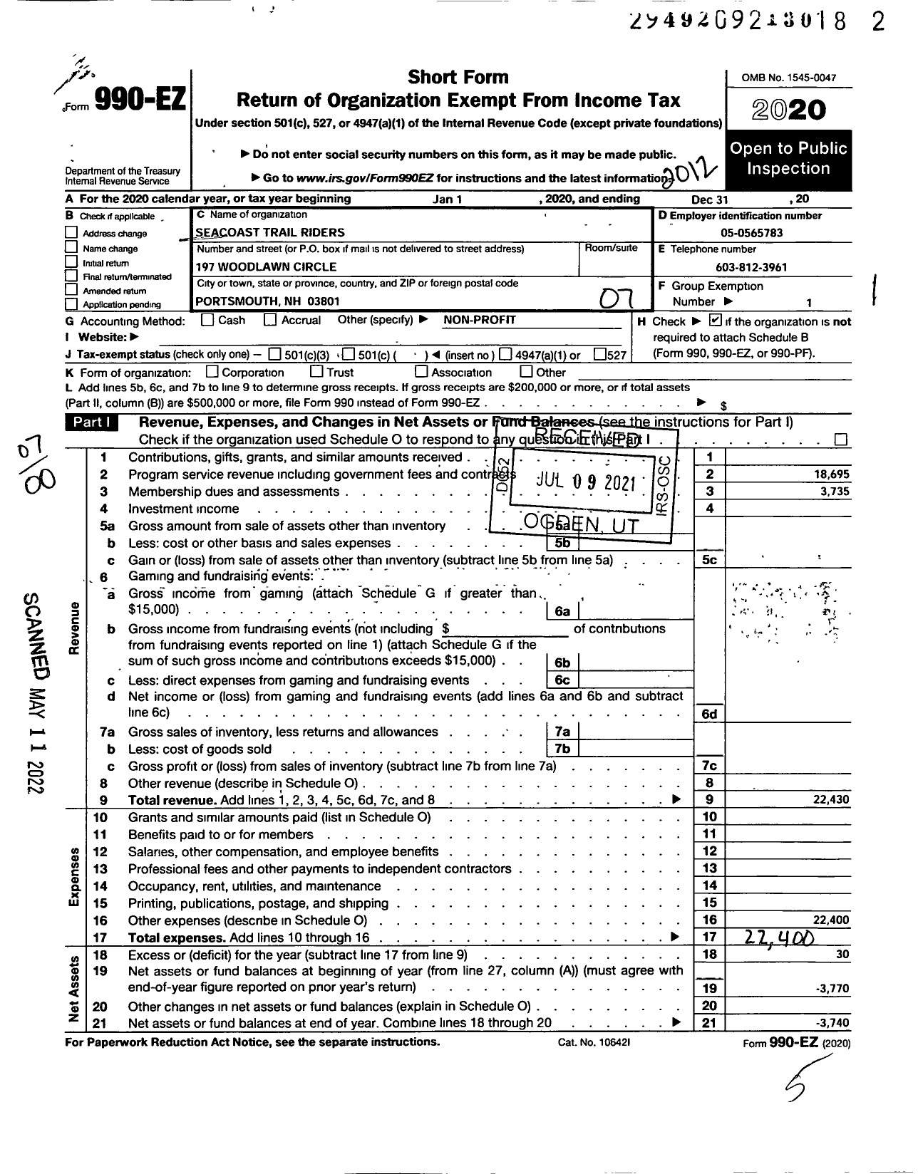 Image of first page of 2020 Form 990EO for Seacoast Trail Riders