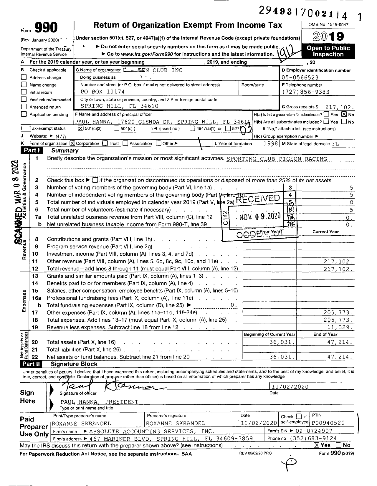 Image of first page of 2019 Form 990 for U-Ten Club