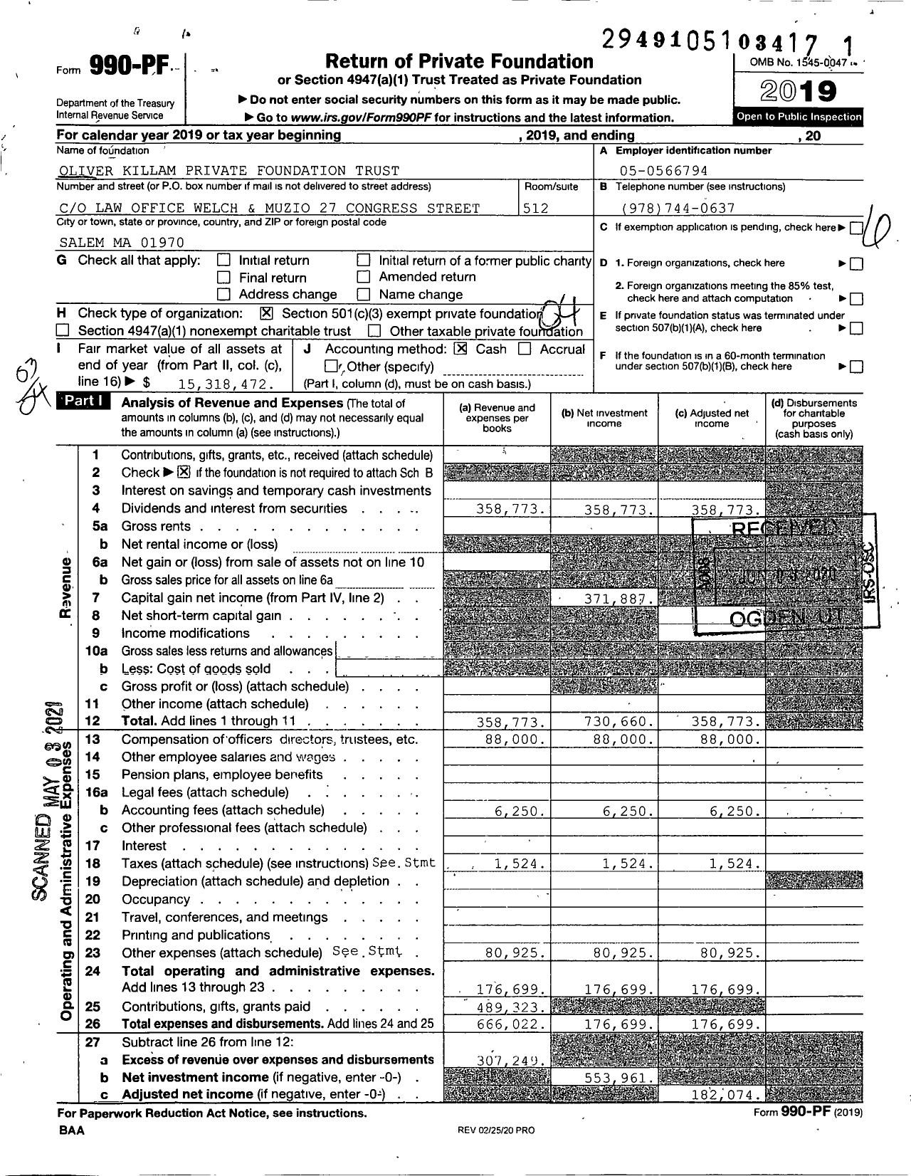 Image of first page of 2019 Form 990PF for Oliver Killam Private Foundation