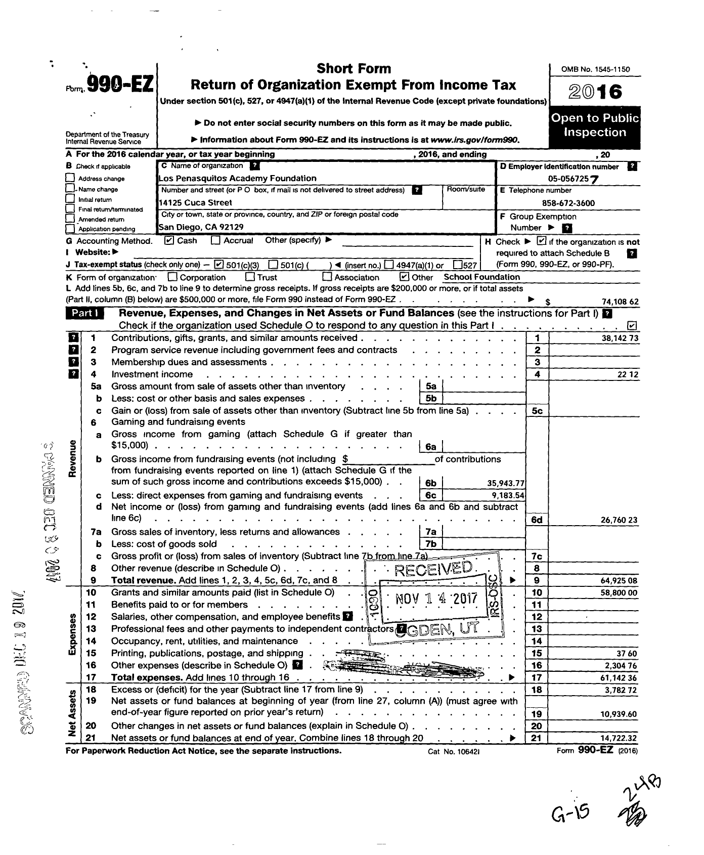 Image of first page of 2016 Form 990EZ for Los Penasquitos Academy Foundation