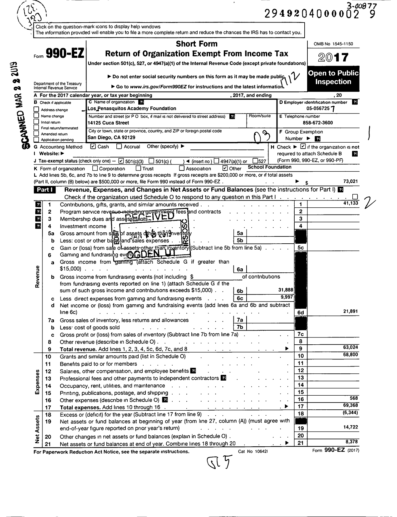 Image of first page of 2017 Form 990EZ for Los Penasquitos Academy Foundation