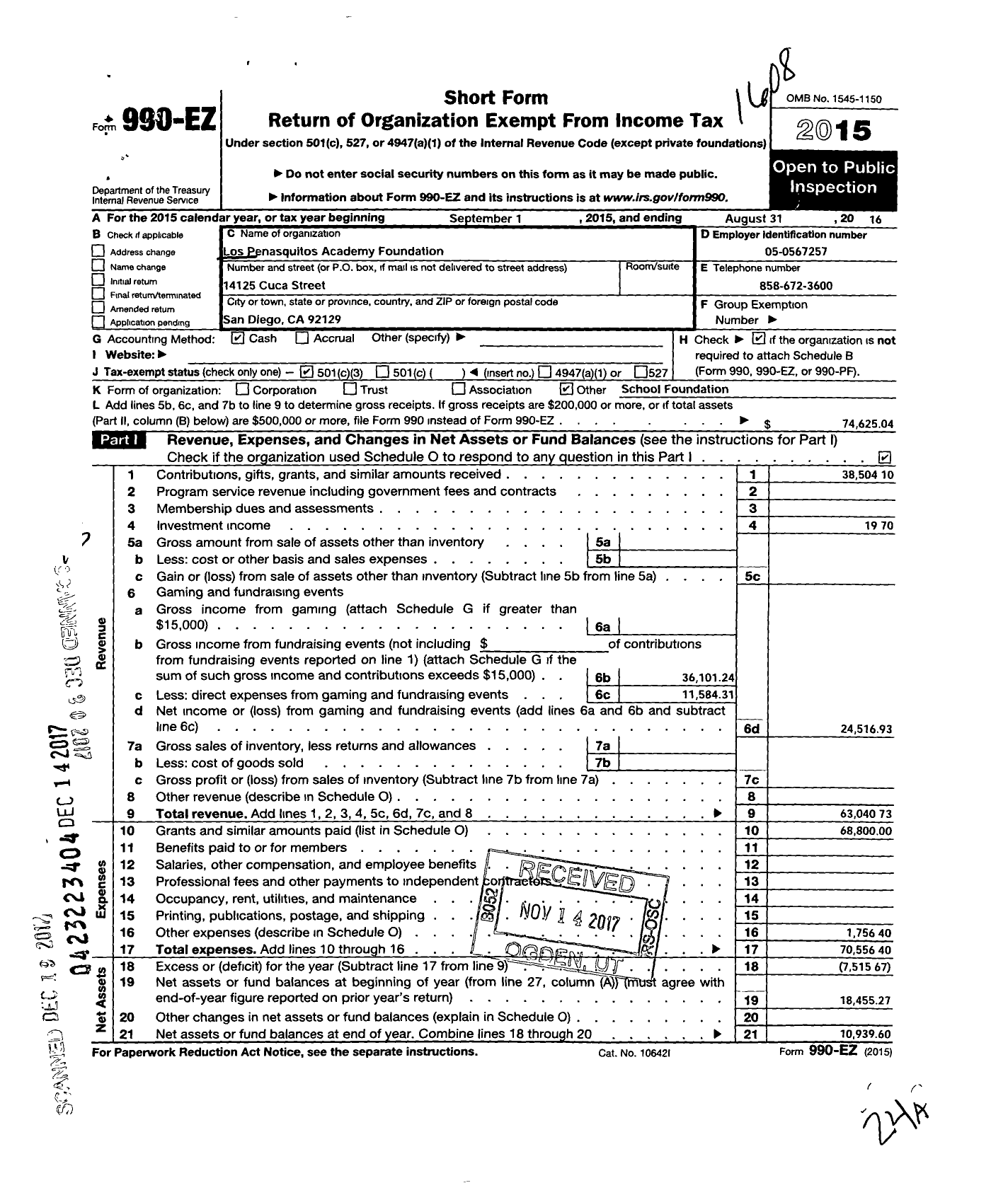 Image of first page of 2015 Form 990EZ for Los Penasquitos Academy Foundation