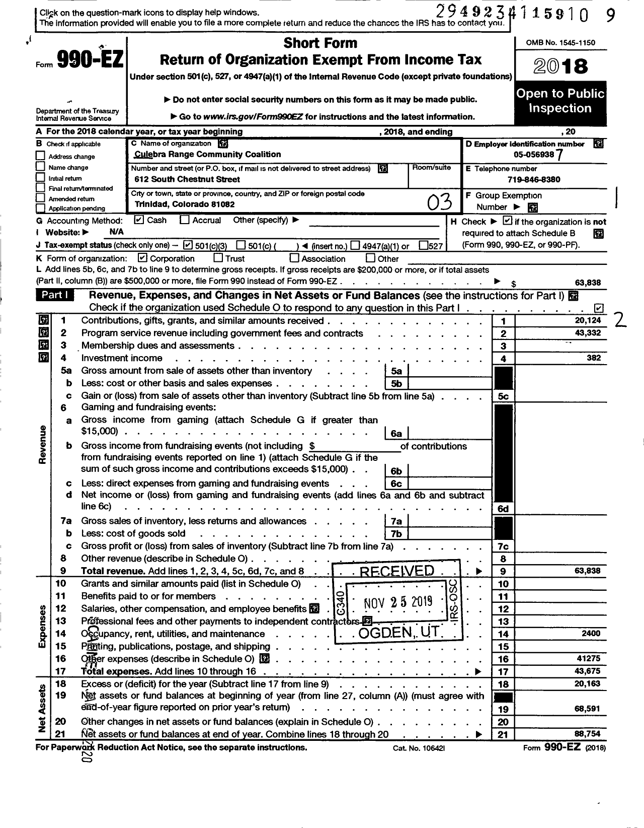 Image of first page of 2018 Form 990EZ for Culebra Range Community Coalition