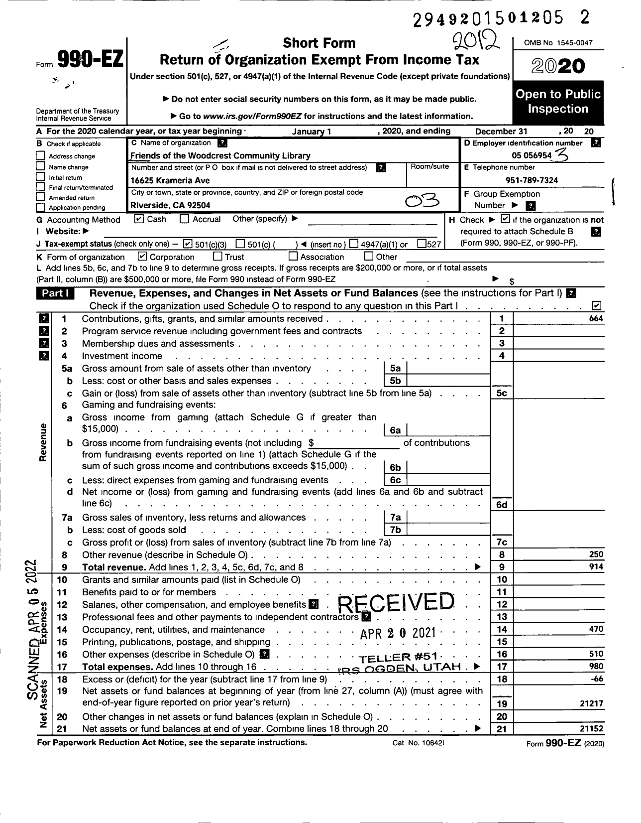 Image of first page of 2020 Form 990EZ for Friends of the Woodcrest Community Library