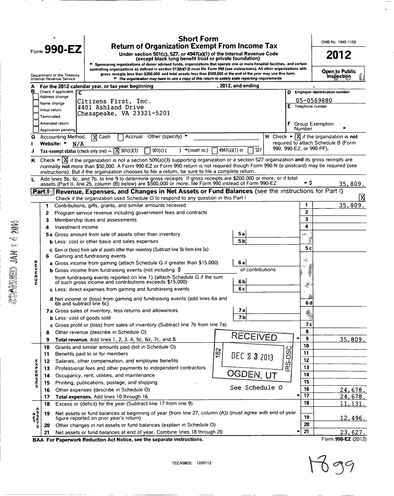 Image of first page of 2012 Form 990EZ for Citizens First