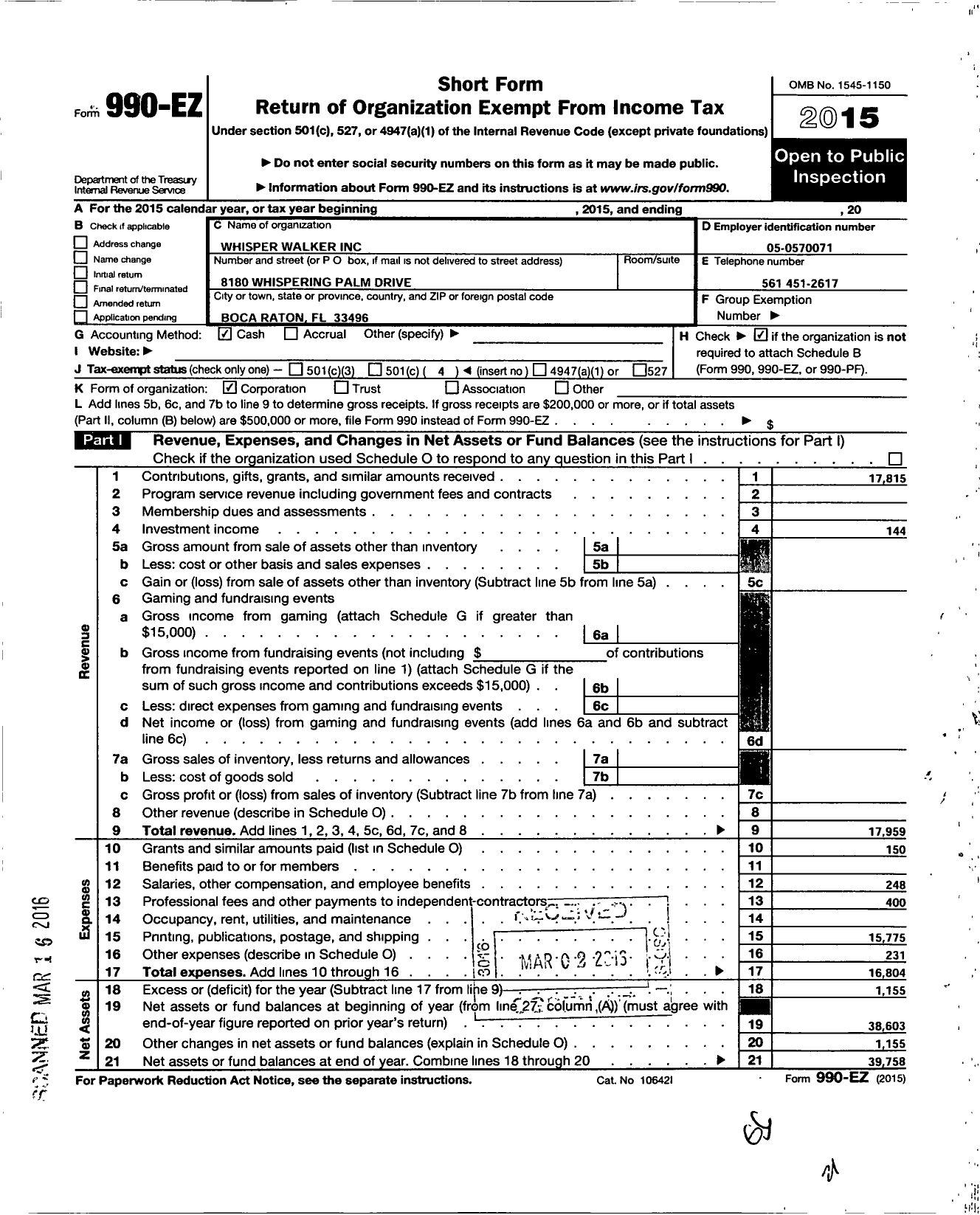 Image of first page of 2015 Form 990EO for Whisper Walker