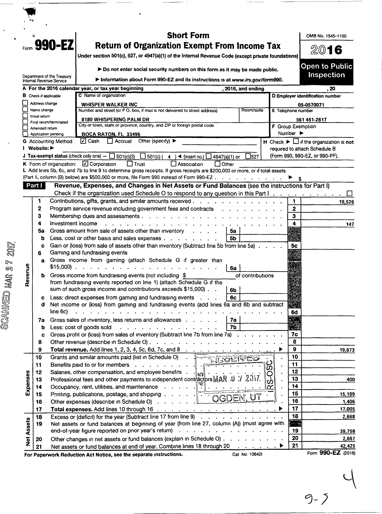 Image of first page of 2016 Form 990EO for Whisper Walker