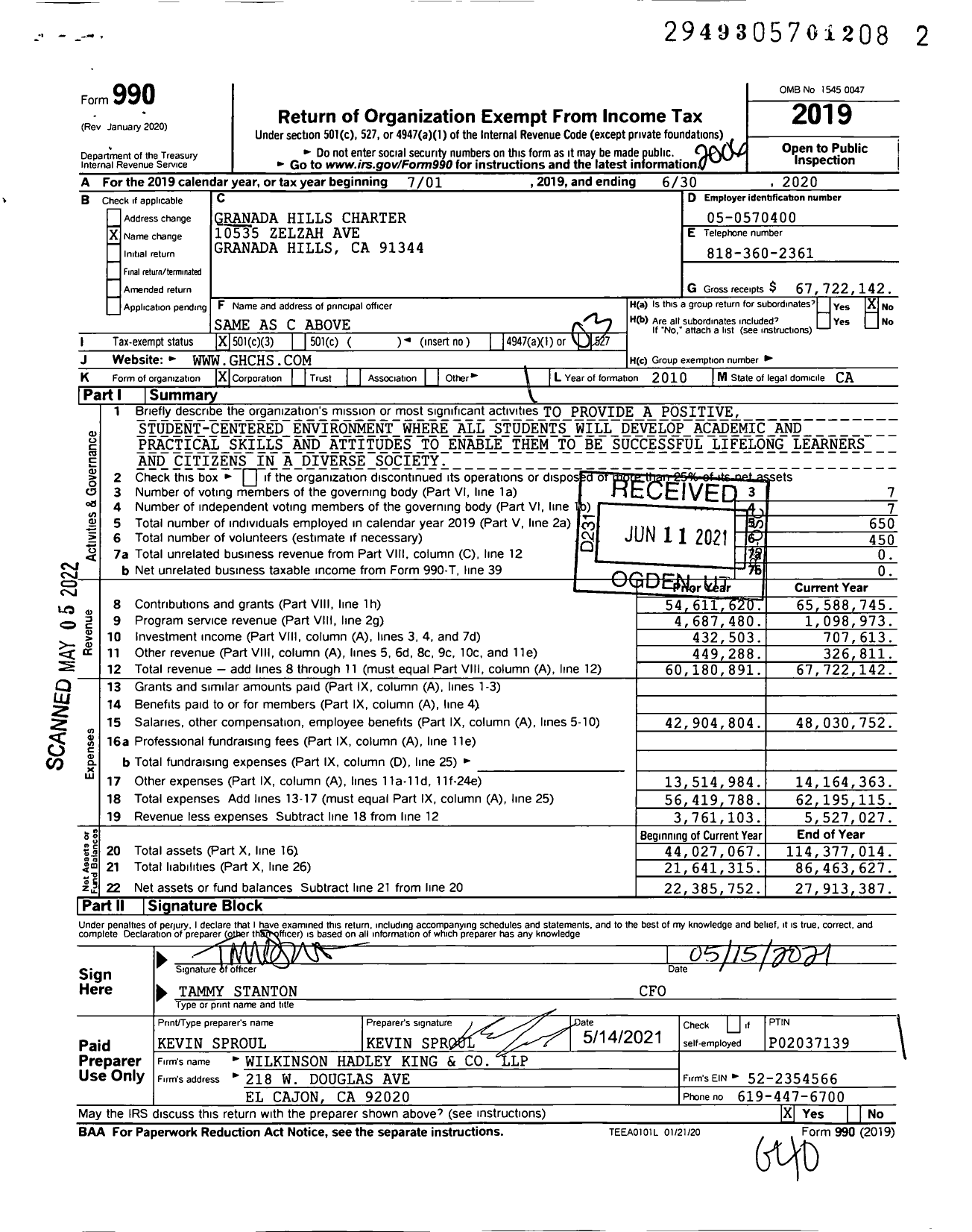 Image of first page of 2019 Form 990 for Granada Hills Charter (GHCHS)