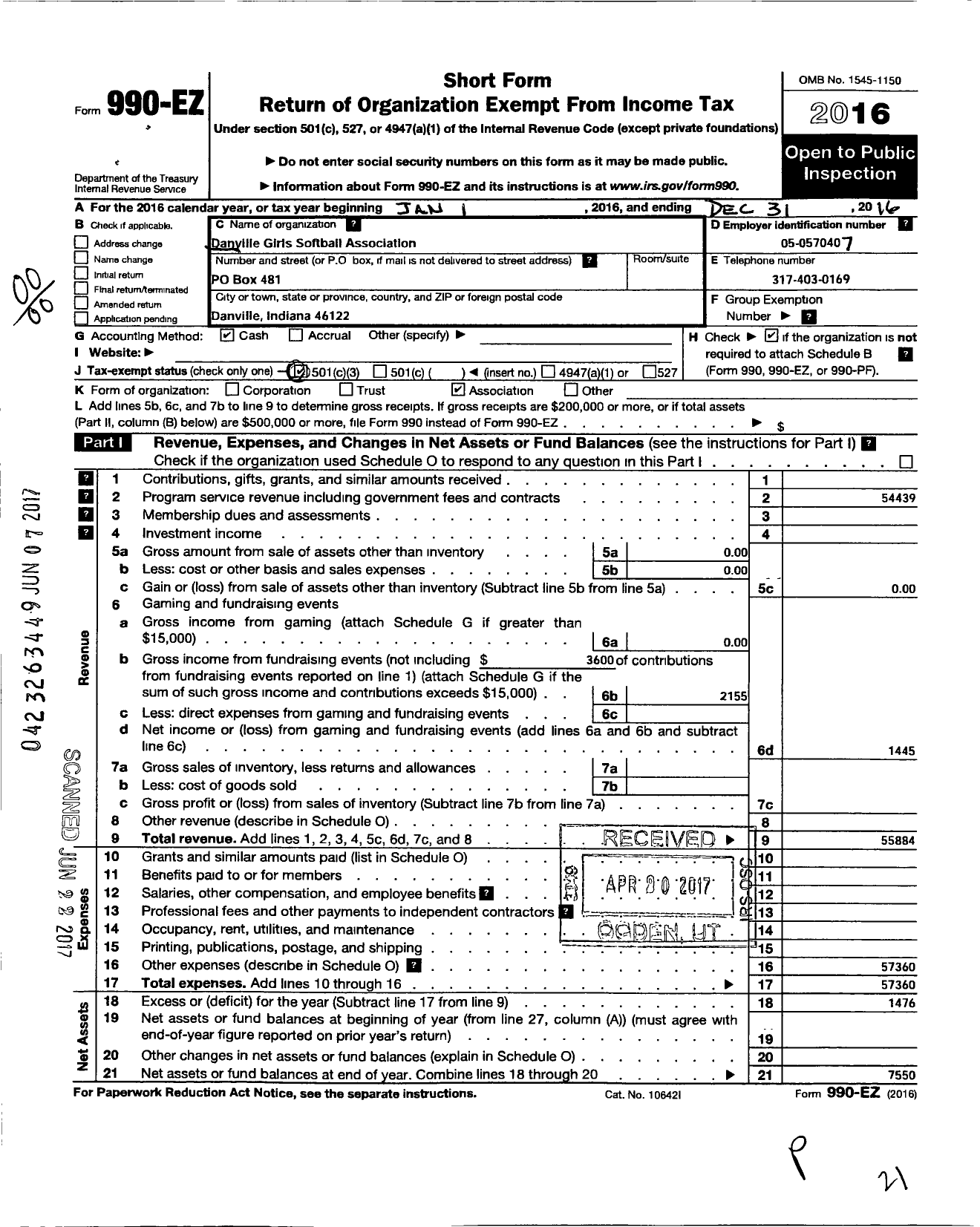 Image of first page of 2016 Form 990EO for Danville Girls Softball Association