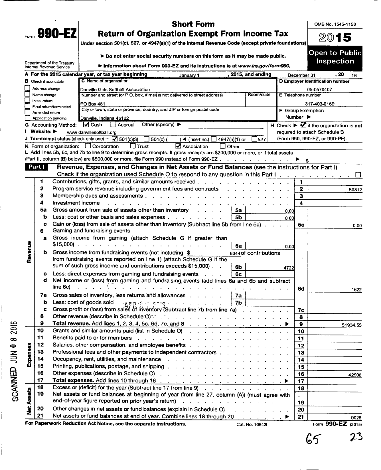 Image of first page of 2016 Form 990EZ for Danville Girls Softball Association