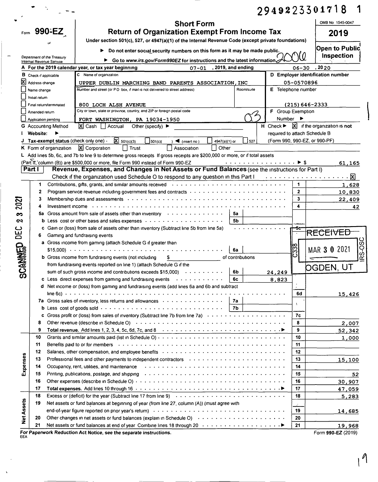 Image of first page of 2019 Form 990EZ for Upper Dublin Marching Band Parents Association