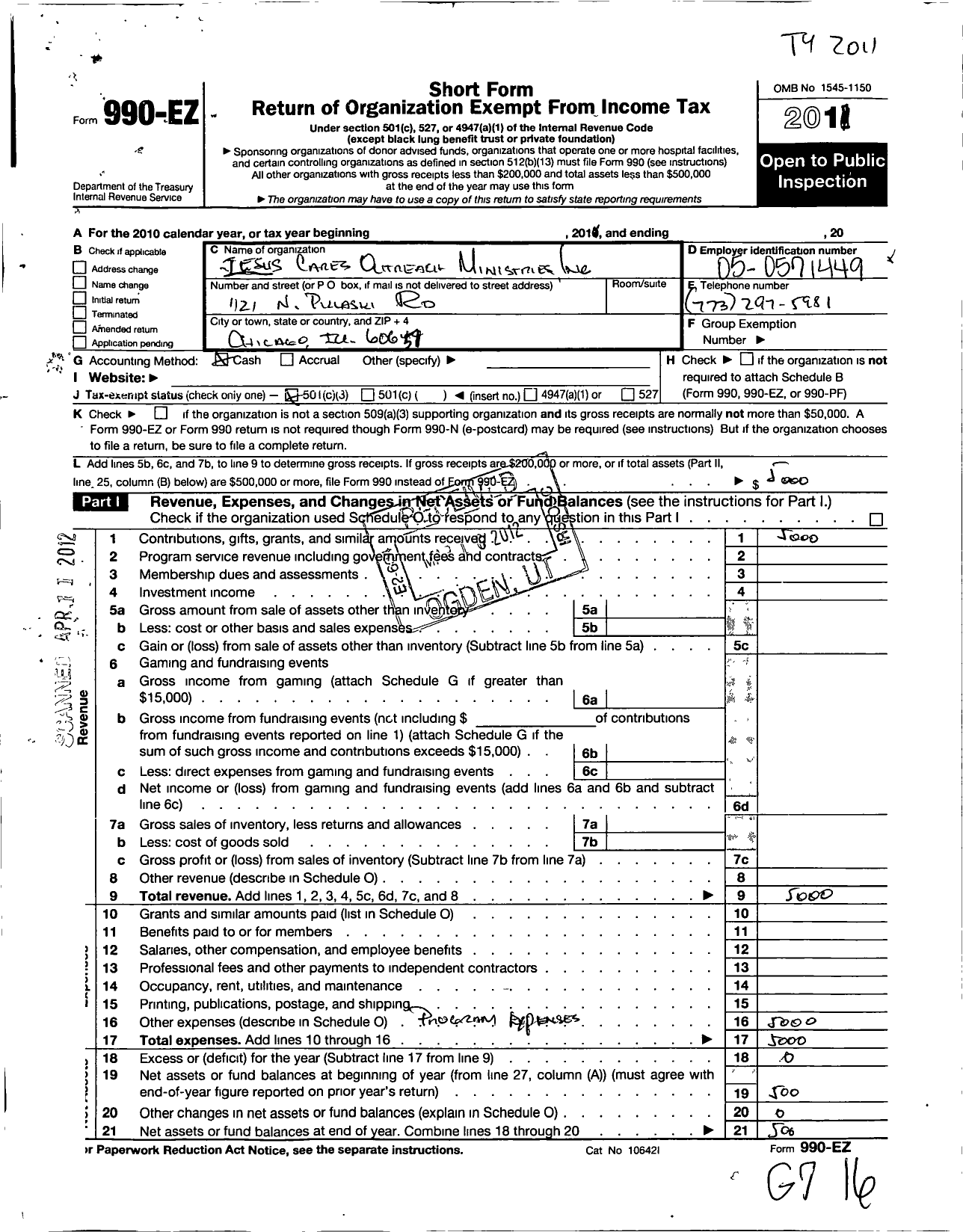 Image of first page of 2011 Form 990EZ for Jesus Cares Outreach Ministries