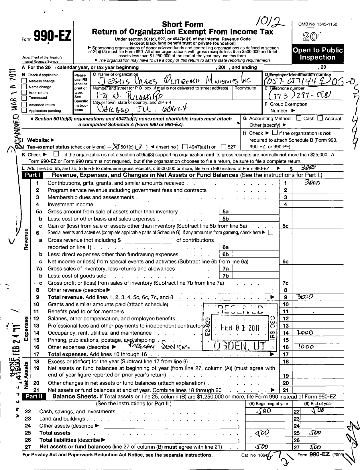 Image of first page of 2010 Form 990EZ for Jesus Cares Outreach Ministries