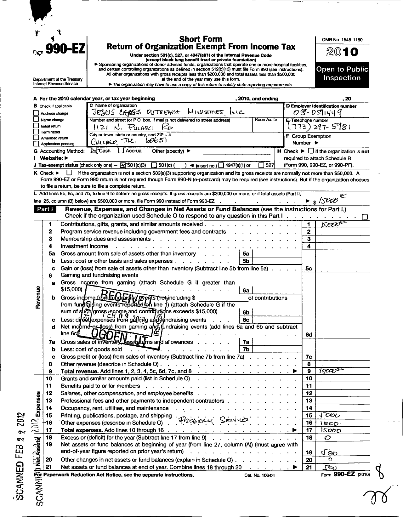 Image of first page of 2010 Form 990EZ for Jesus Cares Outreach Ministries