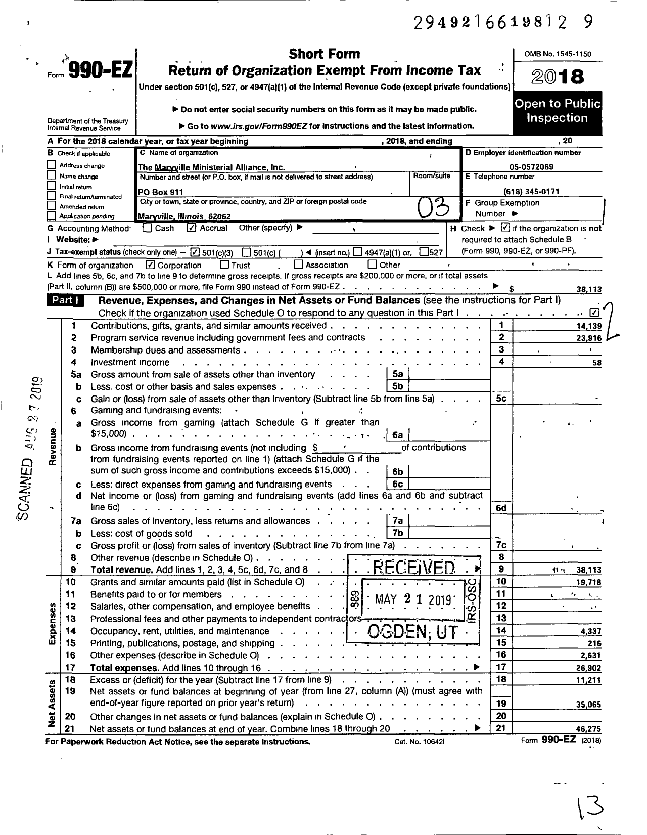 Image of first page of 2018 Form 990EZ for Maryville Ministerial Alliance