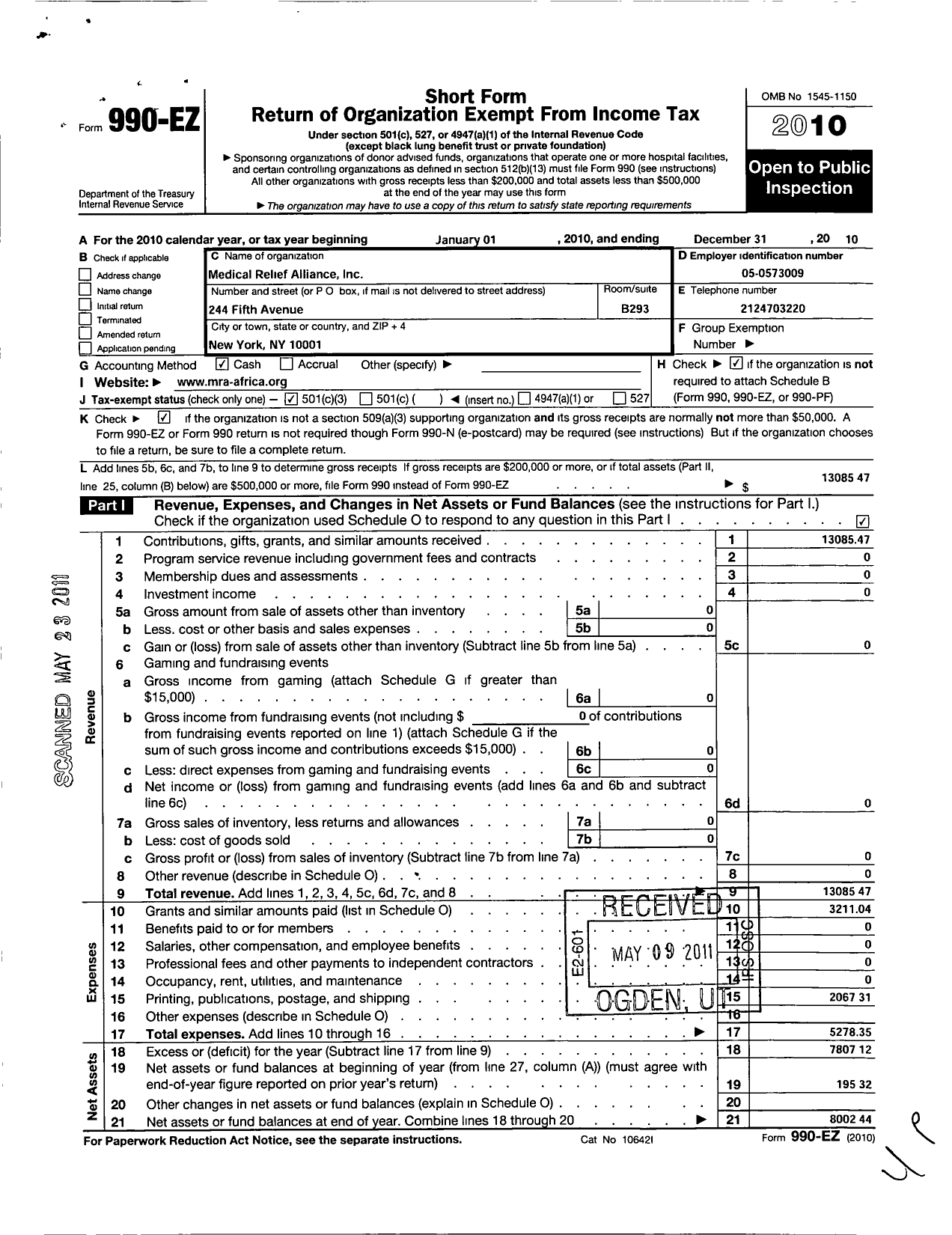 Image of first page of 2010 Form 990EZ for Medical Relief Alliance