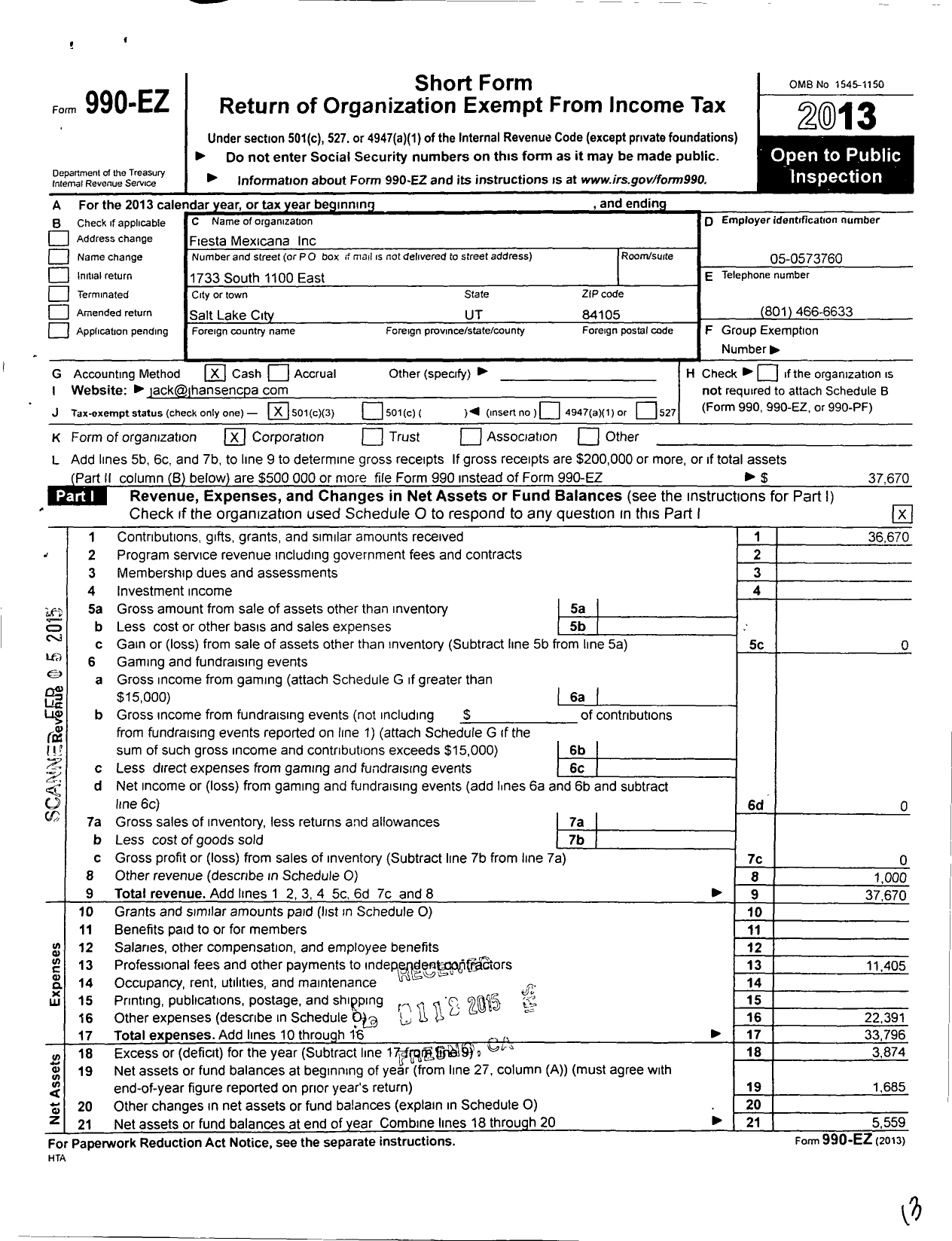 Image of first page of 2013 Form 990EZ for Mexicano Latino Institute of Utah