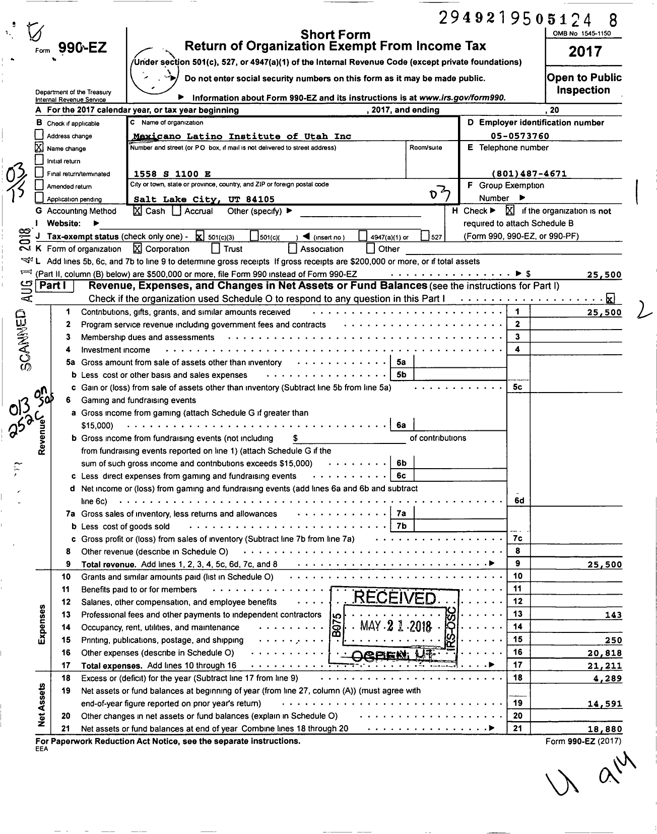 Image of first page of 2017 Form 990EZ for Mexicano Latino Institute of Utah