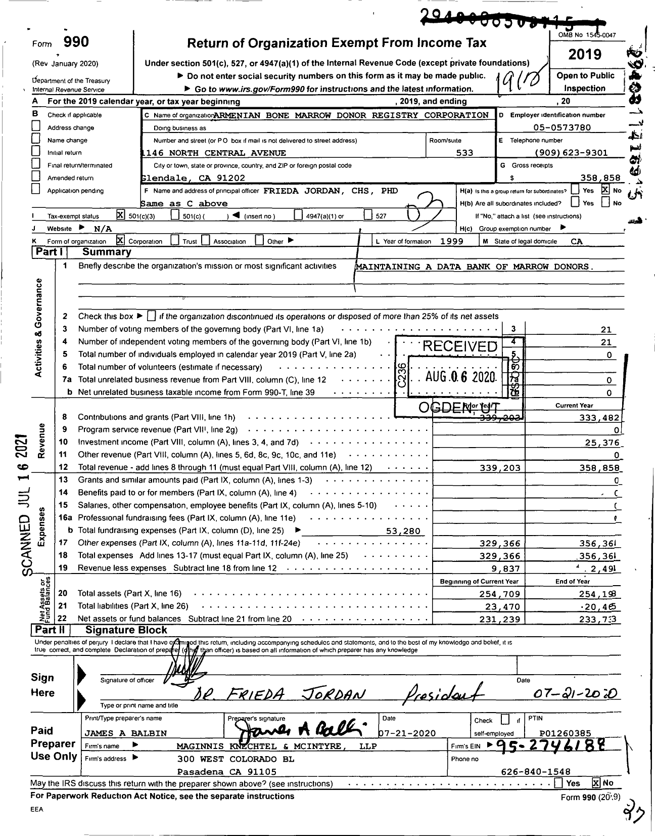 Image of first page of 2019 Form 990 for Armenian Bone Marrow Donor Registry Corporation