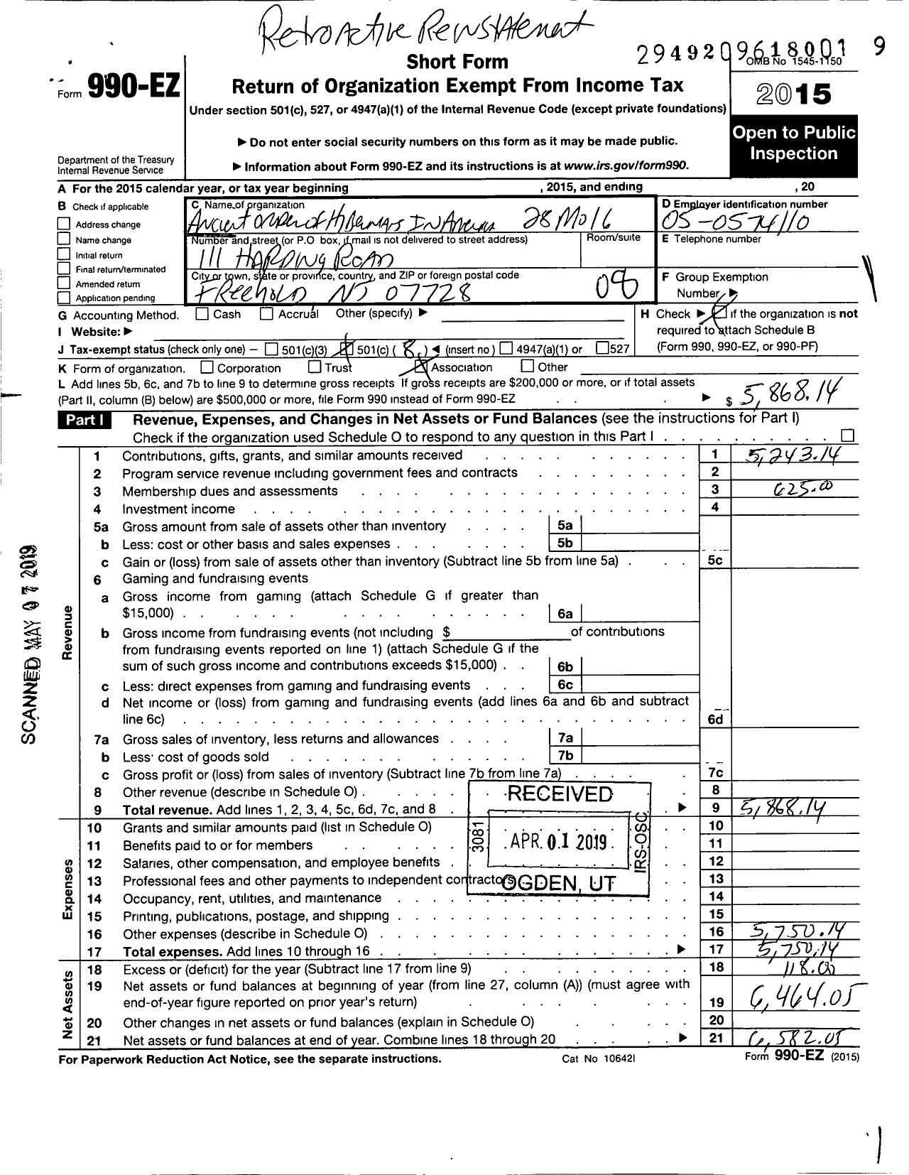 Image of first page of 2015 Form 990EO for Ancient Order of Hibernians in America / 16 Division