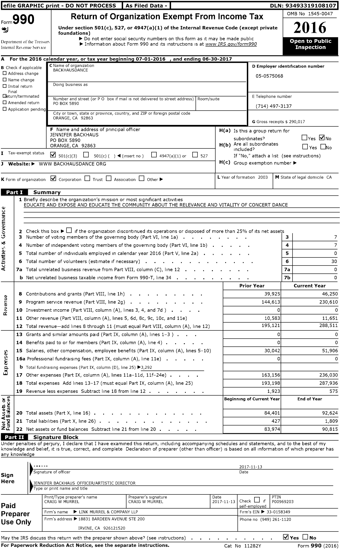 Image of first page of 2016 Form 990 for Backhausdance