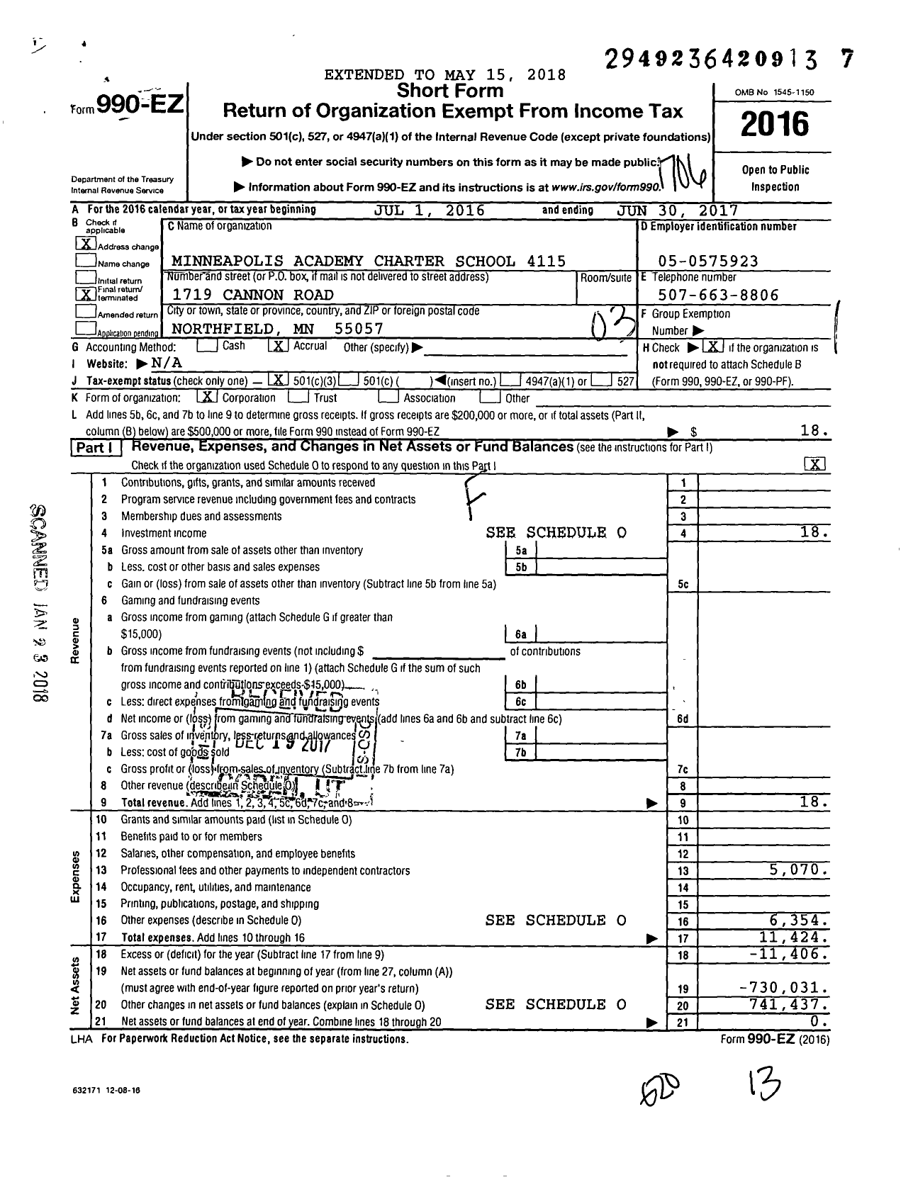 Image of first page of 2016 Form 990EZ for Minneapolis Academy Charter School 4115