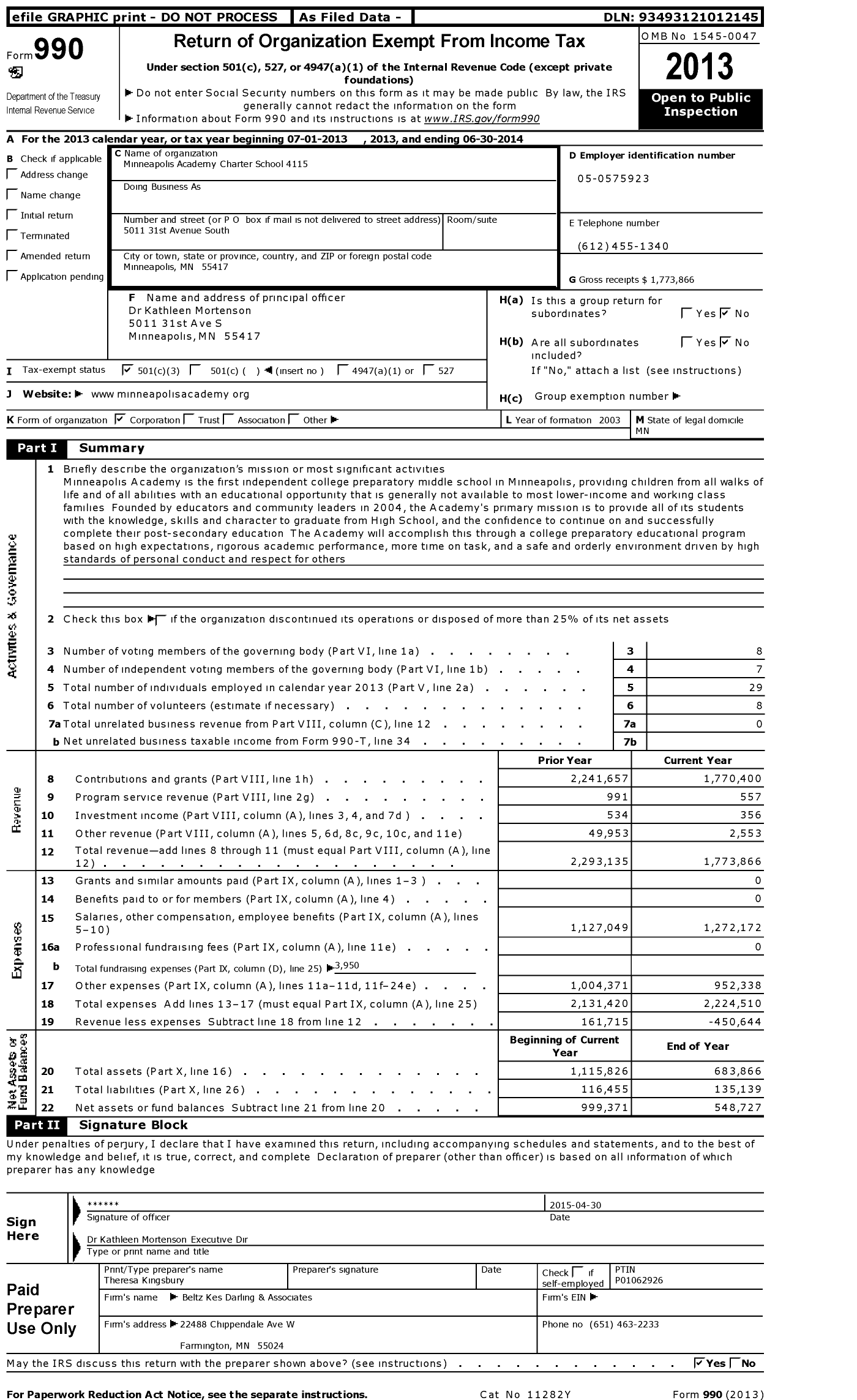 Image of first page of 2013 Form 990 for Minneapolis Academy Charter School 4115