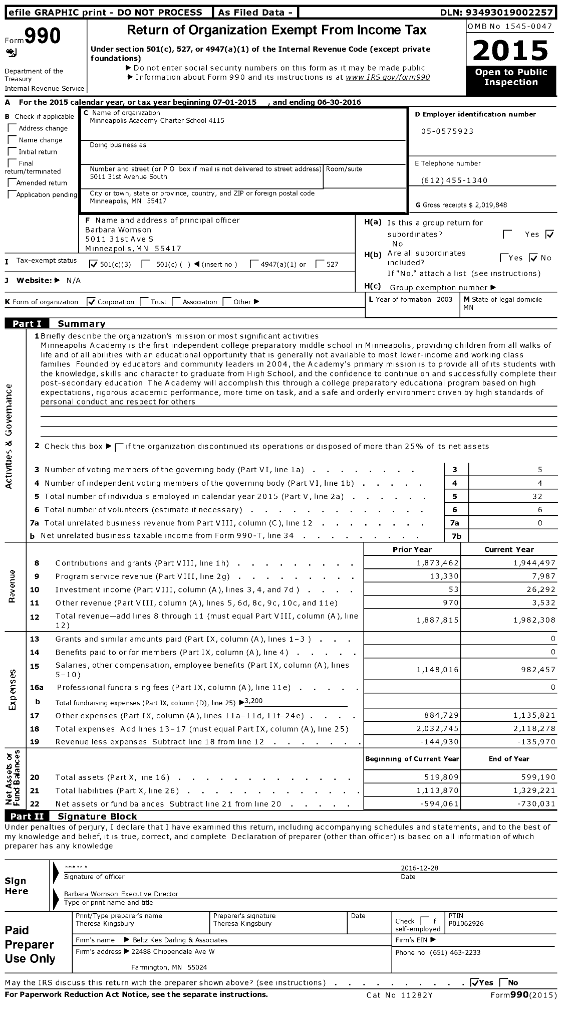 Image of first page of 2015 Form 990 for Minneapolis Academy Charter School 4115